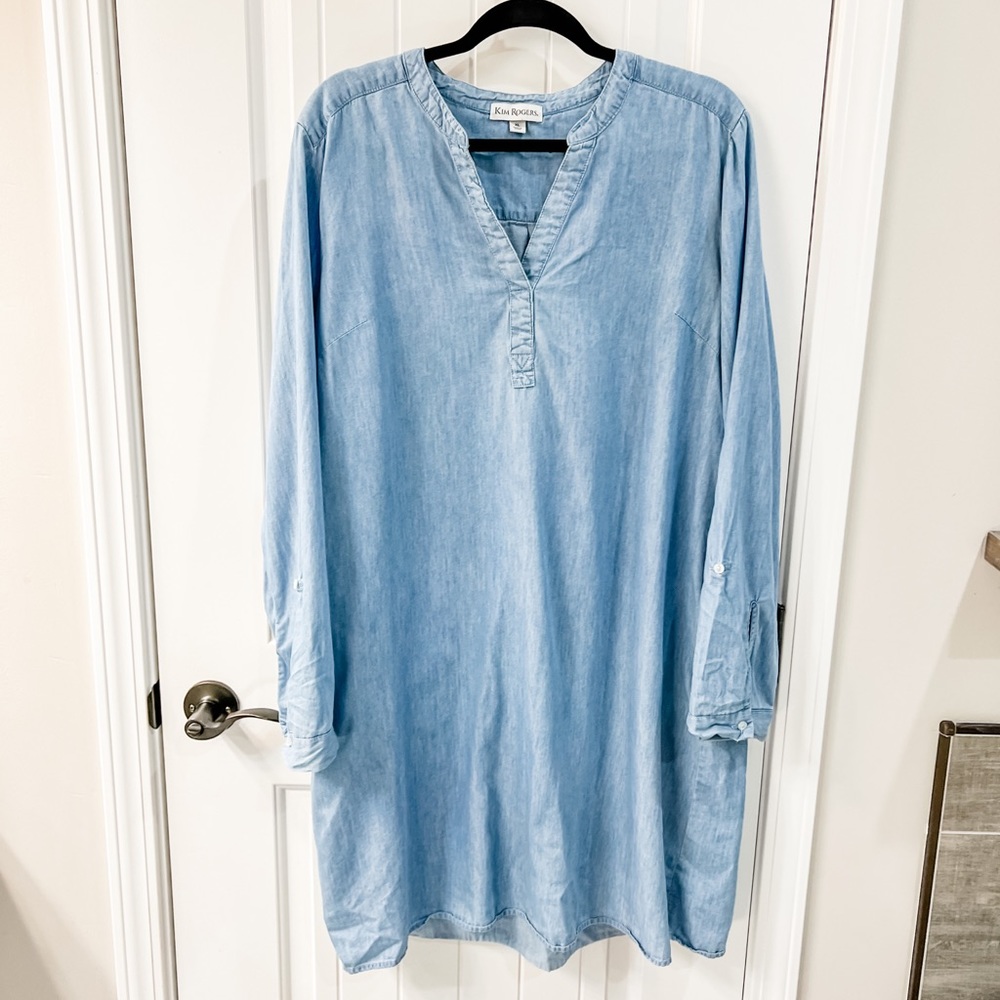 Kim Rogers Chambray V Neck Roll Tab Sleeve Denim Dress Size XL